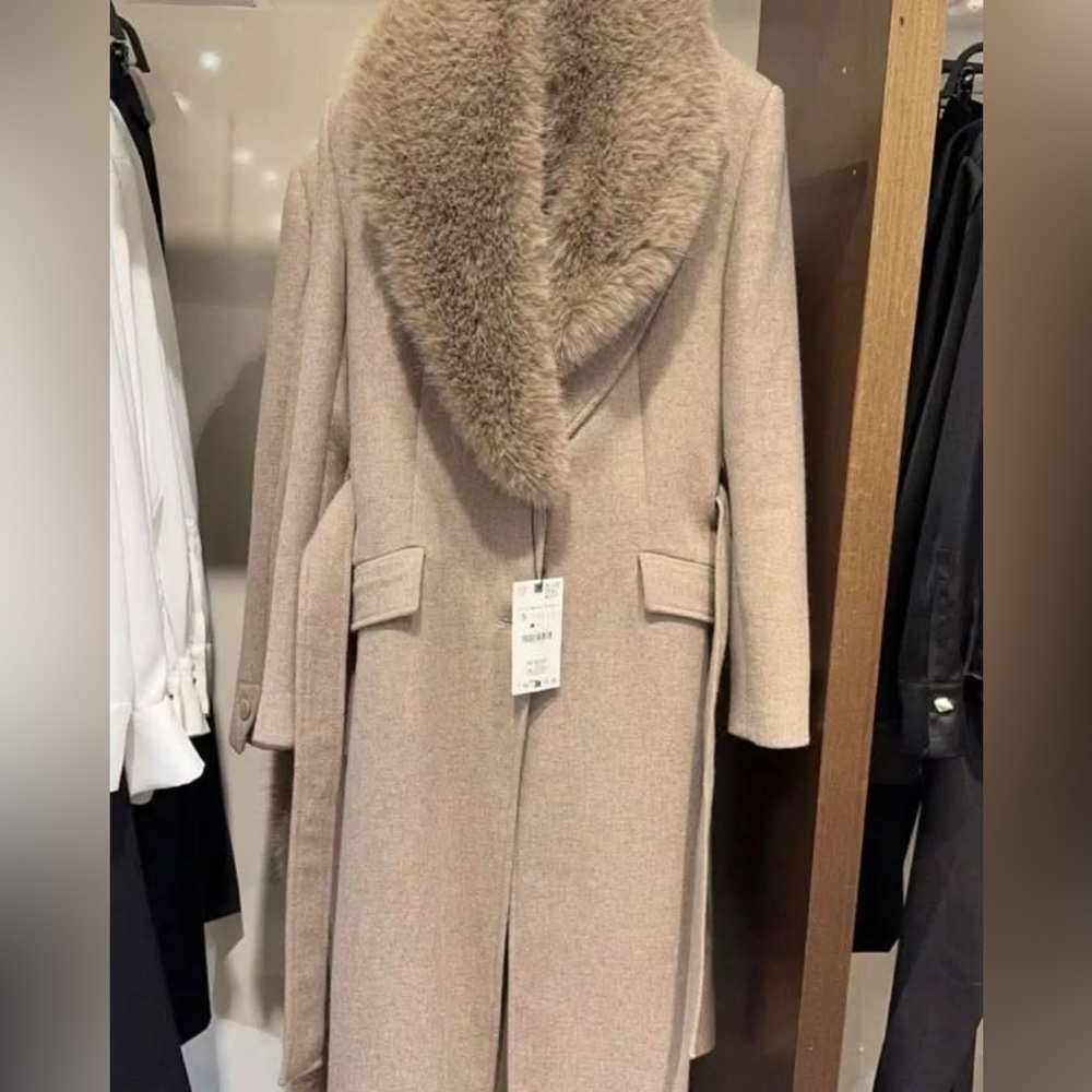 Zara Beige Fur-Trimmed Coat - Picture 15 of 16
